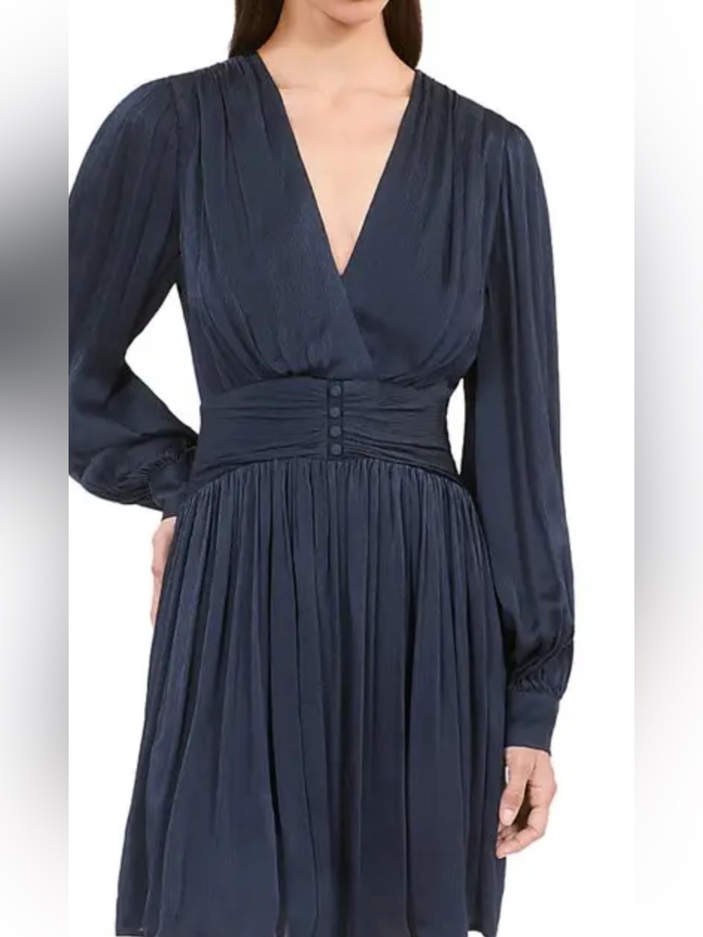 The Kooples Navy V-Neck Long Sleeve Pleated Midi Dress